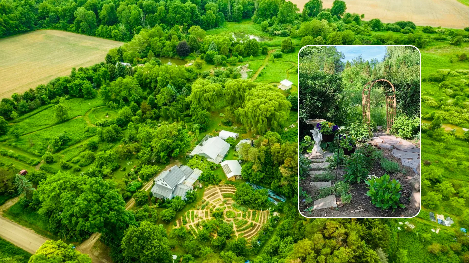 Aerial view of gardens and a secluded forest path